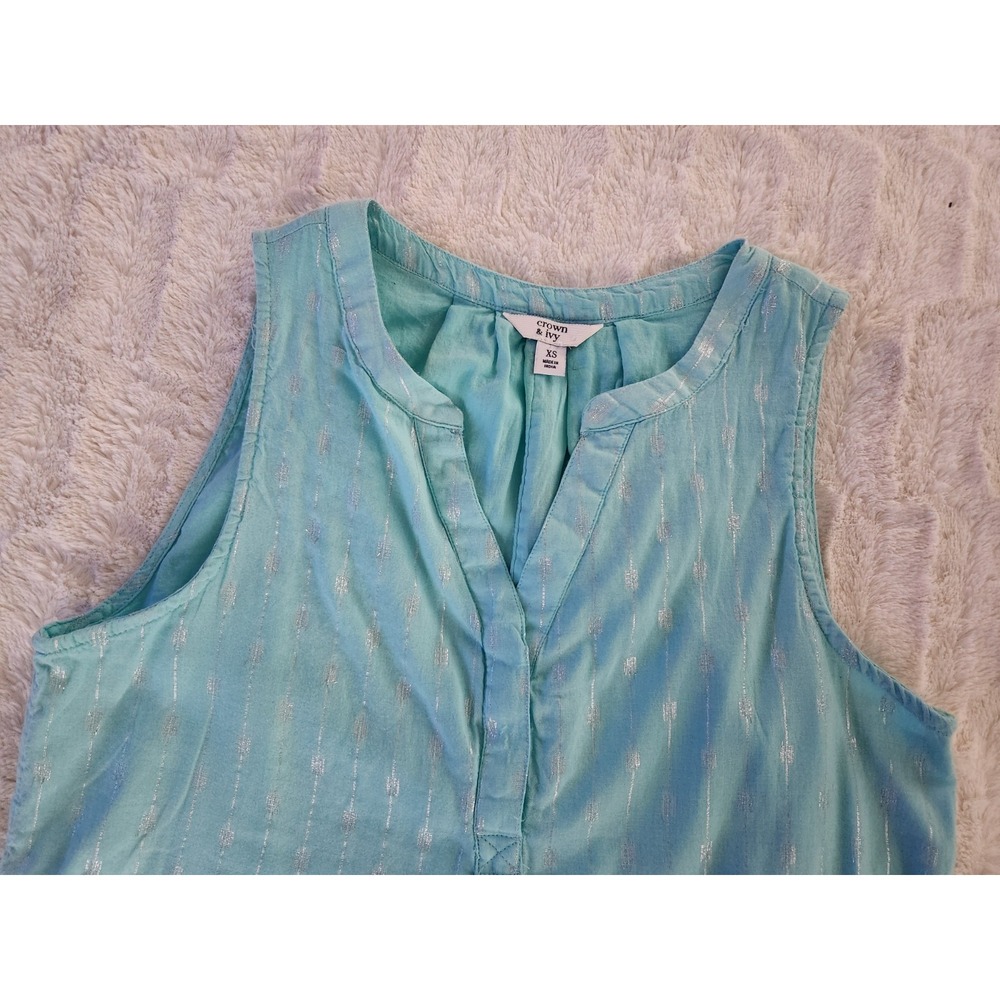 Crown & Ivy Women's Sleeveless Henley Neck Top Aqua Blue Size XS‎